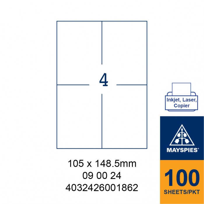 MAYSPIES 09 00 24 LABEL FOR INKJET / LASER / COPIER 100 SHEETS/PKT WHITE 105X148.5MM